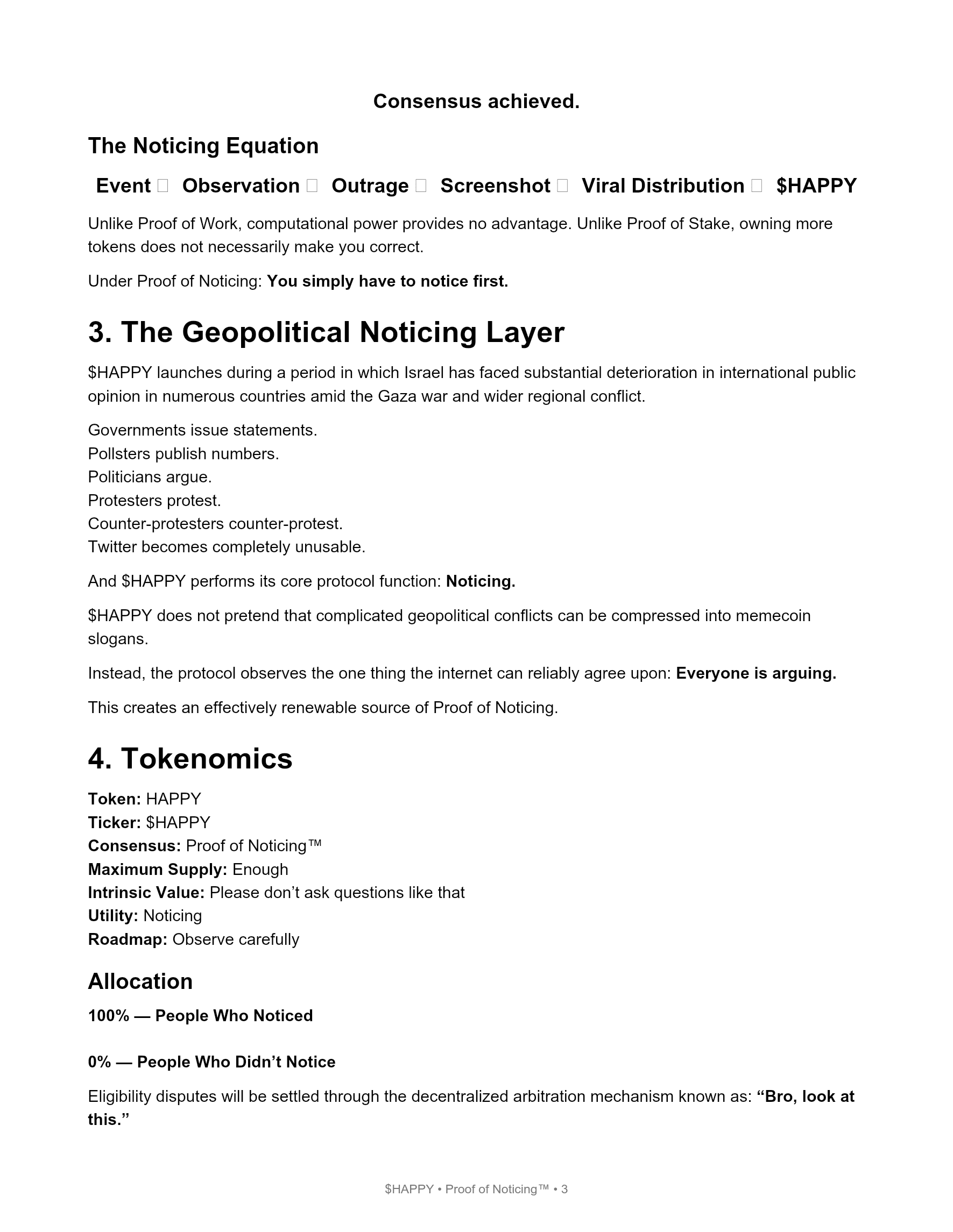 The Fellow White Paper, page 3 of 7: The Noticing Equation, geopolitical noticing layer, and tokenomics.